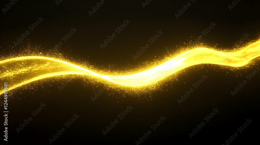 Poster abstract golden wave flows elegantly across a dark background with sparkling particles