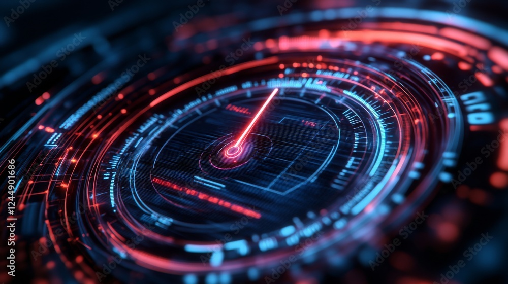 Aufkleber futuristic digital speed gauge with glowing lines, needle pointing to maximum, set against a dark hi