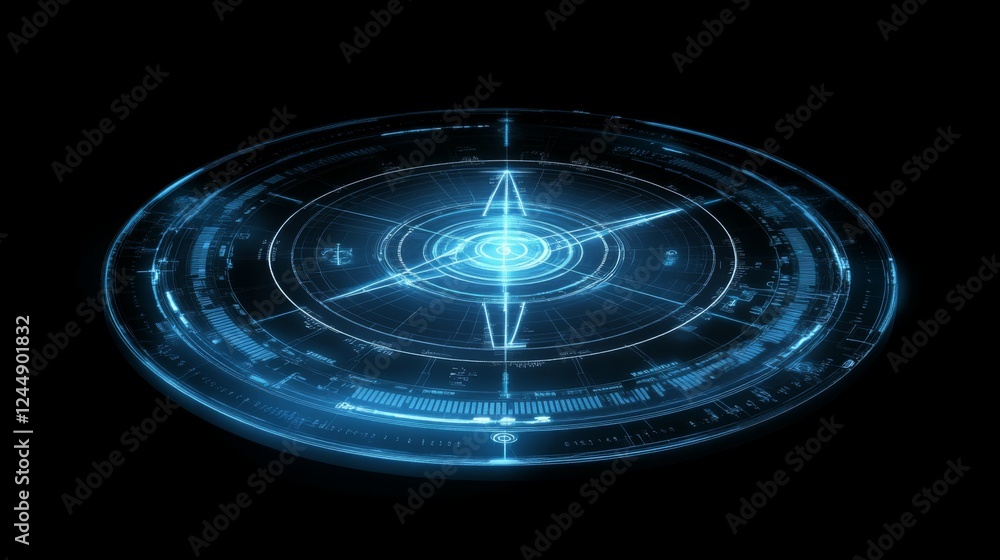 Poster Futuristic radar-style circular graphic with bright neon lines and rotating elements on a dark tech-inspired background