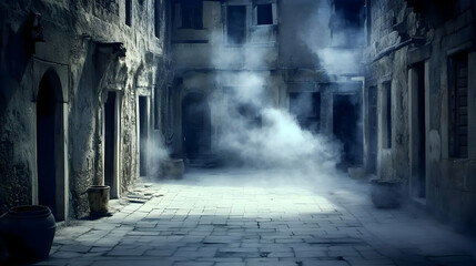 Fototapeta premium Dark Empty Alleyway Fills with Smoke at Night, Creating an Eerie Atmosphere