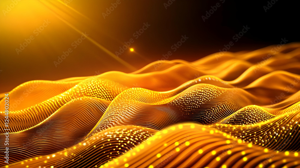 Poster Abstract 3D Golden Waves Flowing Smoothly with Sparkling Particles and Light Rays