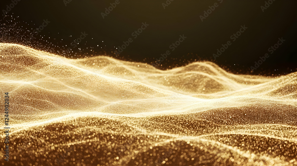Poster abstract golden particle waves flowing smoothly across a dark background with soft lighting.
