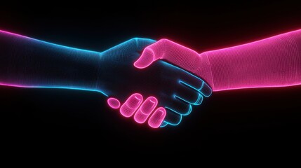 Conceptual of a corporate theme featuring a vibrant digital handshake against a dark background symbolizing partnership teamwork and technology driven success in the business world