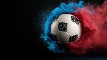 Naklejka premium Dynamic Soccer Ball Surging Towards Goal Amid Colorful Smoke Explosion High energy Sports Concept with Motion Action and Excitement