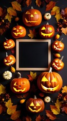 Halloween party background featuring a blank chalkboard framed by glowing jack-o’-lanterns and autumn leaves, ideal for spooky event invitations, seasonal greetings, and holiday decorations

