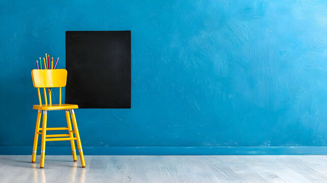 Child's yellow chair, blank chalkboard, blue wall, classroom setup