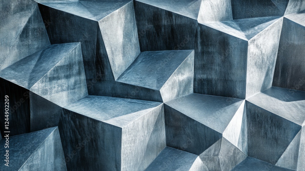 Poster hexagonal geometric patterns in cool blue tones, layered with shadows and textures for a modern, tec