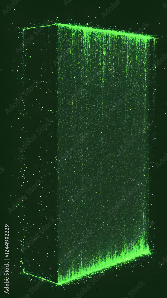 Poster abstract green particles flowing down a dark rectangular surface on a black background