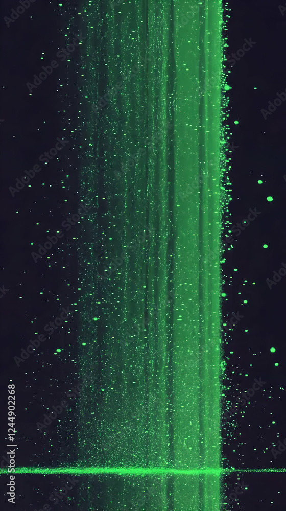 Poster abstract green light with particles flowing downward creating a visual spectacle on dark background