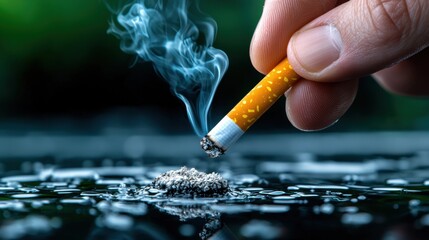 Close up view of a person s hand dropping a lit cigarette into a dark reflective water surface creating ripples and symbolizing the environmental impact and waste of smoking habits