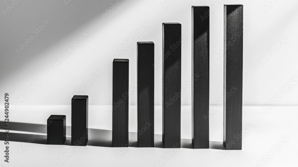 Poster minimalist d bar chart with tall, sleek bars in monochromatic tones, casting shadows on a clean, whi
