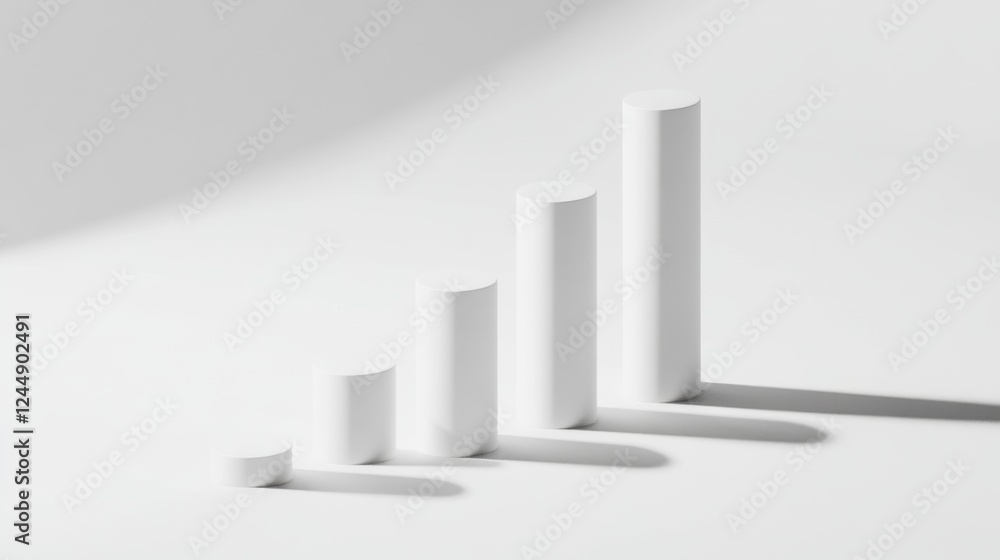 Poster minimalist d bar chart with tall, sleek bars in monochromatic tones, casting shadows on a clean, whi