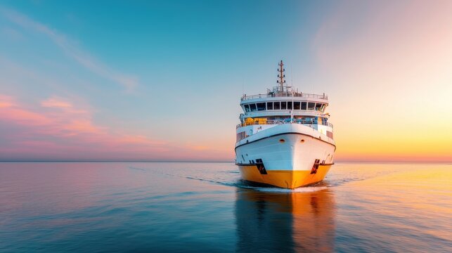 Coastal ferry leaving the dock with vehicles onboard set against a beautiful sunset sky and calm waters  The scene depicts a peaceful and scenic maritime transportation journey