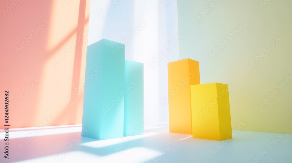Fototapete minimal d bar graph in pastel colors, with shadows cast across a white background, creating a soft a