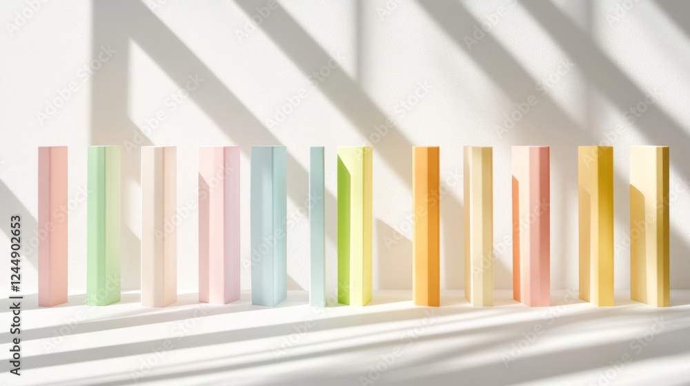 Poster minimal d bar graph in pastel colors, with shadows cast across a white background, creating a soft a