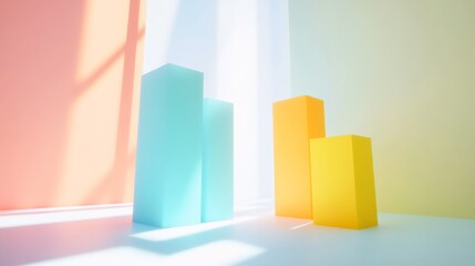 Minimal D bar graph in pastel colors, with shadows cast across a white background, creating a soft and elegant visual