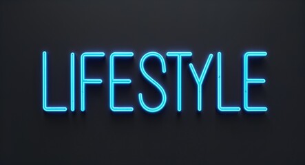 lifestyle word lettering with neon blue glow on plain black dark background