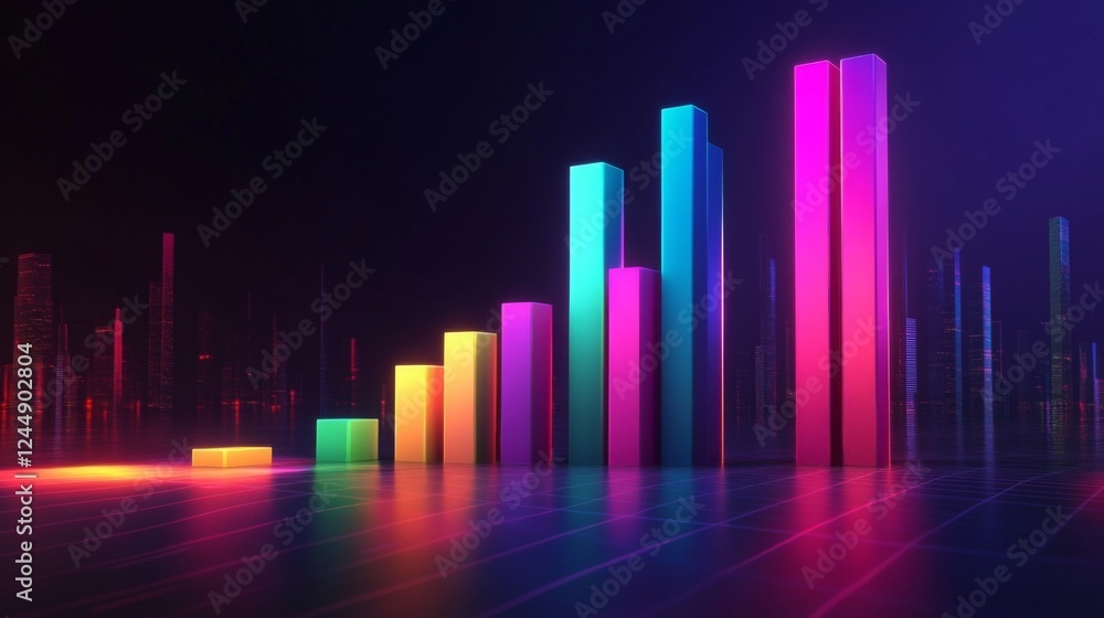 Poster modern d bar chart with neon-colored bars and gradient lighting, set against a dark background for a