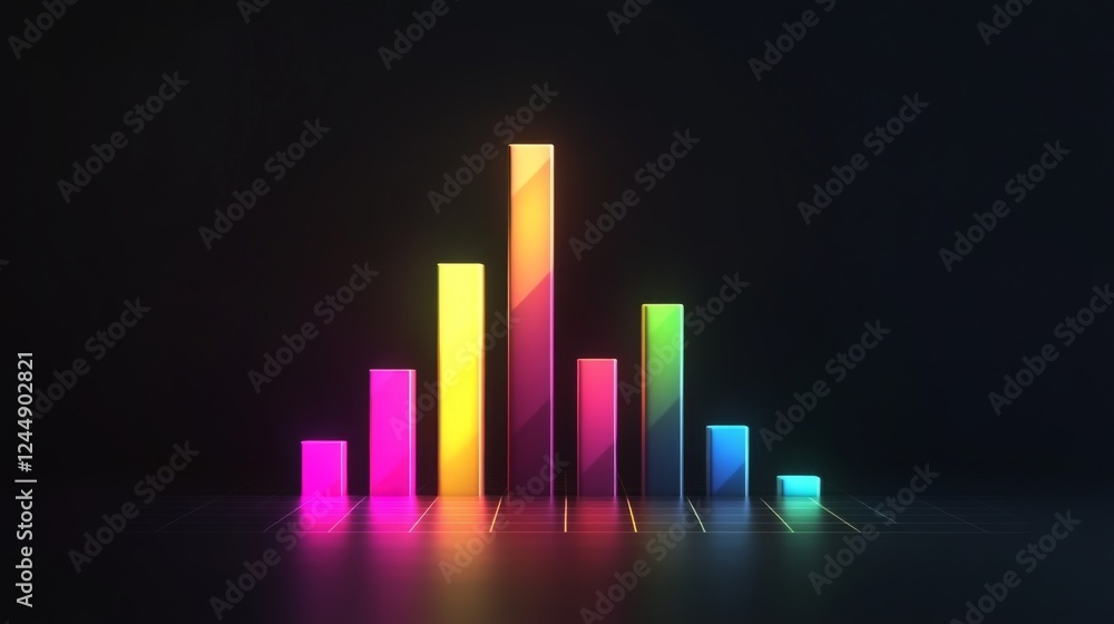 Fototapete Modern D bar chart with neon-colored bars and gradient lighting, set against a dark background for a futuristic look