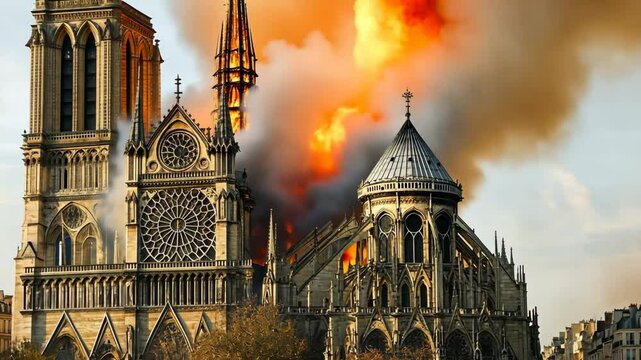 Fire engulfs Notre Dame Cathedral in Paris during the day, creating a dramatic and devastating scene with smoke and flames