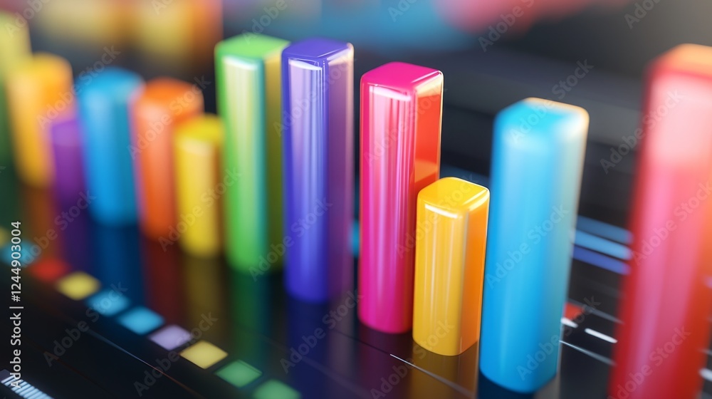 Poster multi-colored d bar graph on a glossy surface, with each bar casting distinct shadows, giving a shar