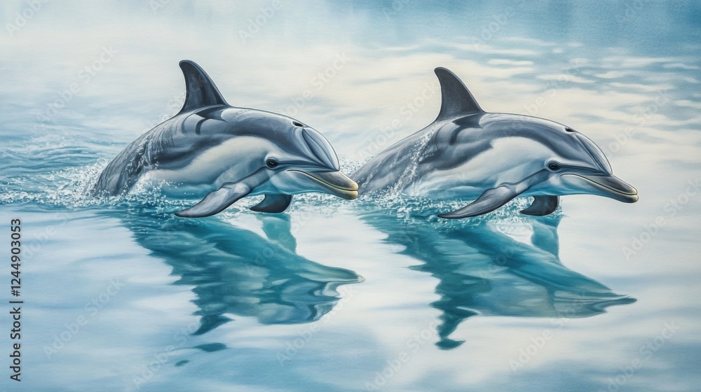 Poster pair of dolphins swimming side by side in calm, sunlit waters, their bodies creating soft reflection