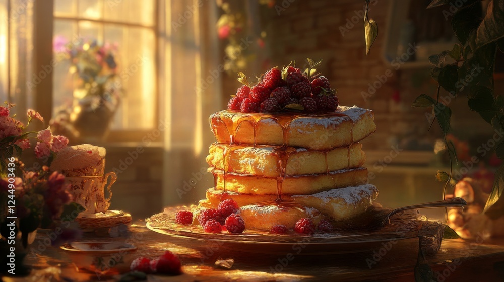 Poster Stack of buttery French toast drizzled with syrup and topped with fresh berries, creating a delicious, inviting breakfast scene