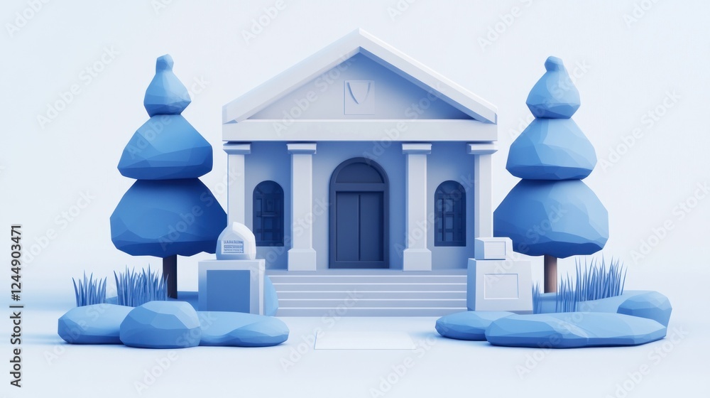 Poster low-poly 3d model of a classic building with trees and shrubs.