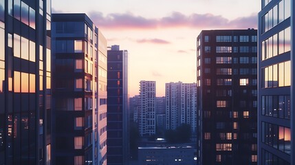 Obraz premium Sunset Cityscape: Modern Architecture at Dusk