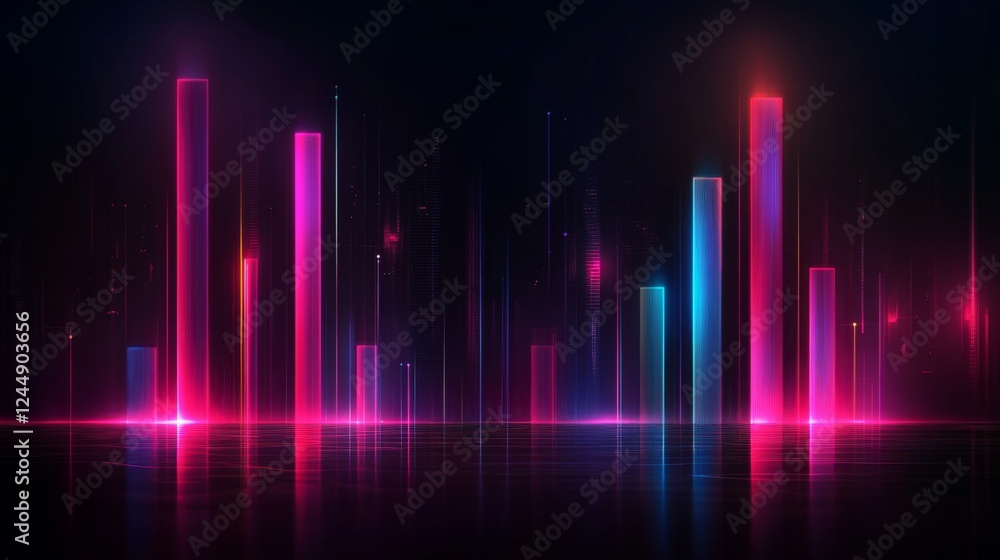 Poster Stylized bar graph with glowing bars in neon colors, set against a dark, tech-inspired background for a dynamic and impactful graphic
