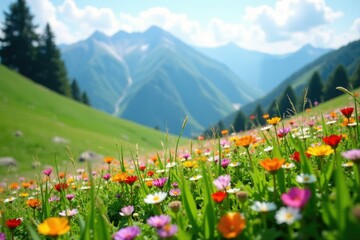 Fototapeta premium Tall grasses with a carpet of colorful flowers on an alpine slope, tall, grasses