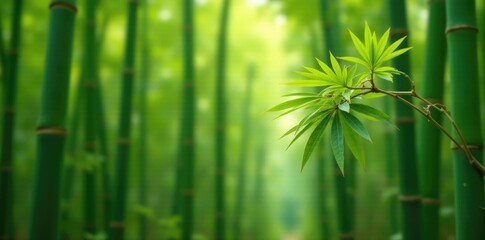 Fototapeta premium Tall green bamboo stalks in the background with a peach tree in focus, focus, tree