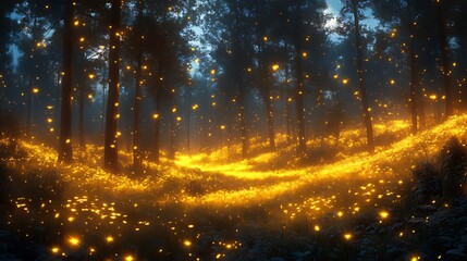 Naklejka premium Enchanted Forest Night, Glowing Path, Firefly Magic, Fantasy Background