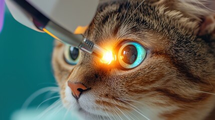 Medication use behavior in animal healthcare concept. A close-up of a cat undergoing an eye examination with a bright light tool, showcasing the vibrant colors and focused expression.