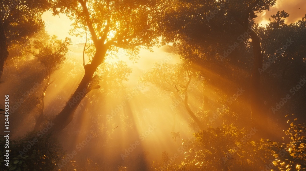 Poster Sunset view with warm, golden sunlight streaming through a forest, illuminating the trees and creating a beautiful contrast