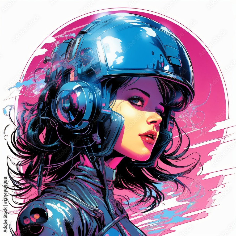 Poster woman in futuristic helmet with vibrant colors showcasing sci fi elements and dynamic expression. ge
