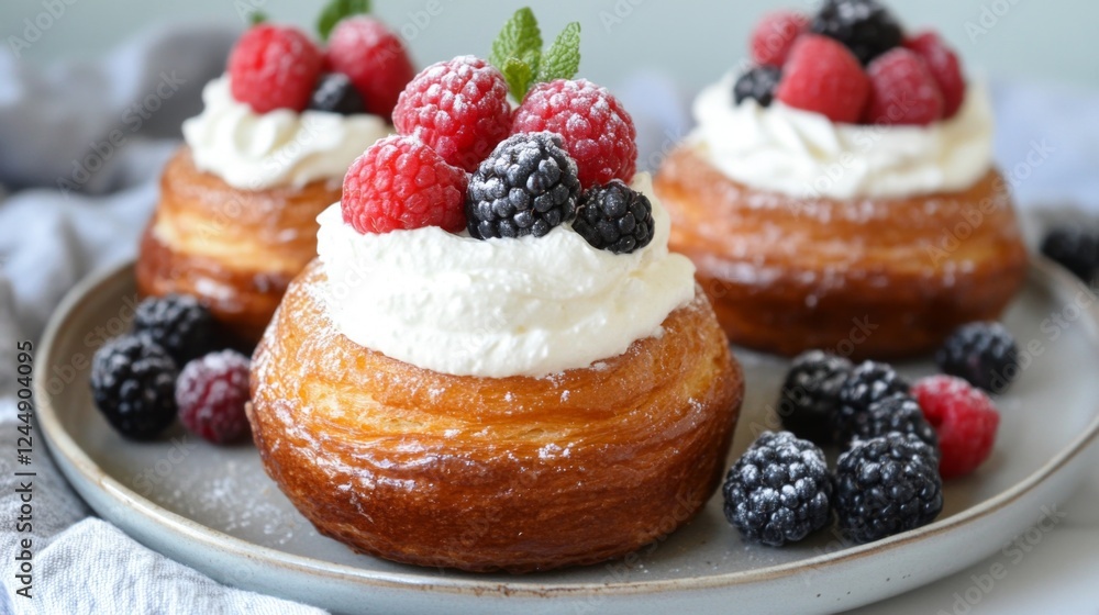 Fototapete Toasted brioche topped with whipped cream and berries, creating a delightful and inviting brunch setup on a rustic table