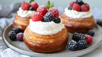 Toasted brioche topped with whipped cream and berries, creating a delightful and inviting brunch setup on a rustic table