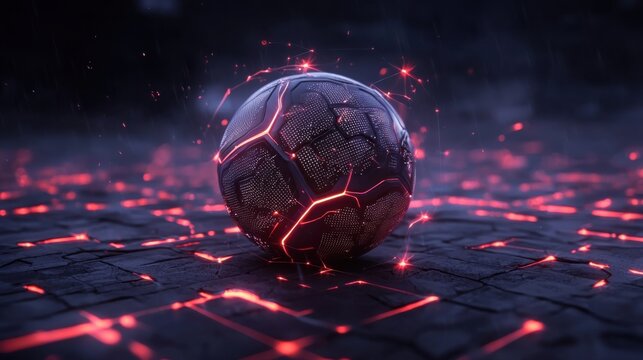 Futuristic and cinematic scene of a glowing neon illuminated soccer ball in a high tech digital arena with a hexagonal textured court  The dynamic and surreal atmosphere creates a sense of energy