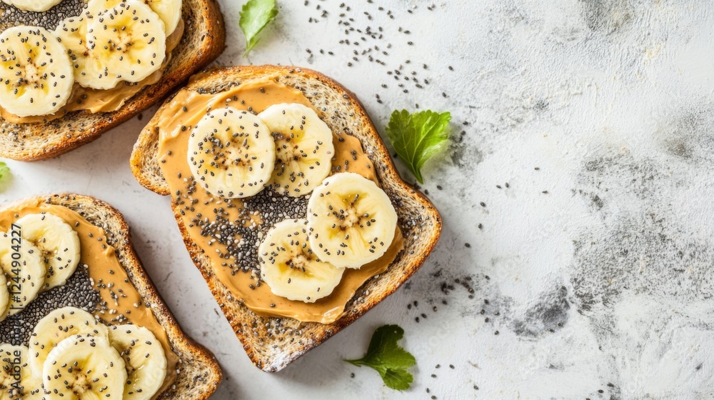 Poster toast topped with creamy peanut butter and banana slices, sprinkled with chia seeds, creating a nutr