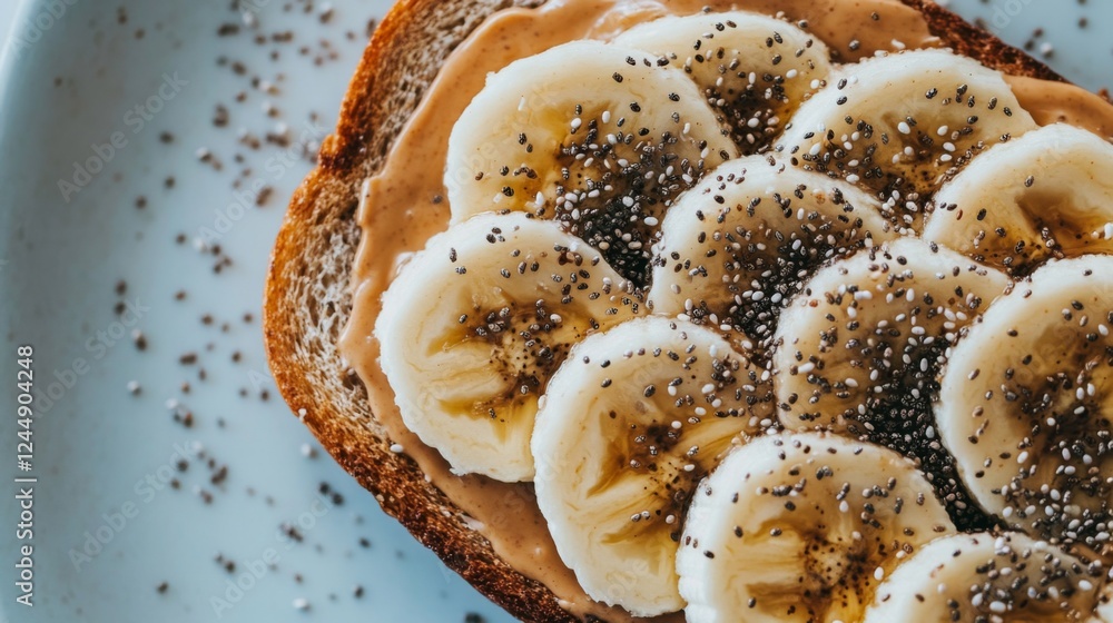 Poster Toast topped with creamy peanut butter and banana slices, sprinkled with chia seeds, creating a nutritious and delicious breakfast option