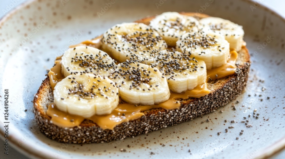 Poster Toast topped with creamy peanut butter and banana slices, sprinkled with chia seeds, creating a nutritious and delicious breakfast option