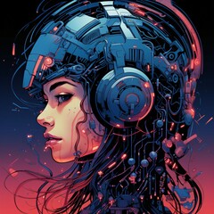 Futuristic Woman With Cybernetic Enhancements and Headphones in a Vibrant Digital Landscape During Twilight. Generative AI