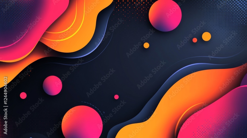 Poster vibrant, gradient-colored blobs and fluid shapes on a black background, giving a modern and abstract