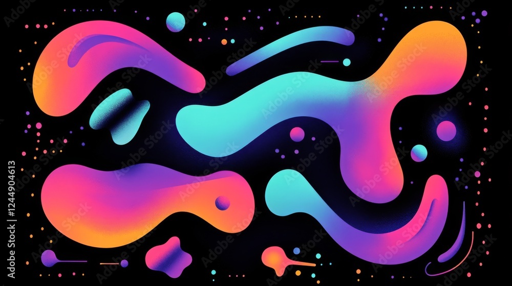 Poster vibrant, gradient-colored blobs and fluid shapes on a black background, giving a modern and abstract