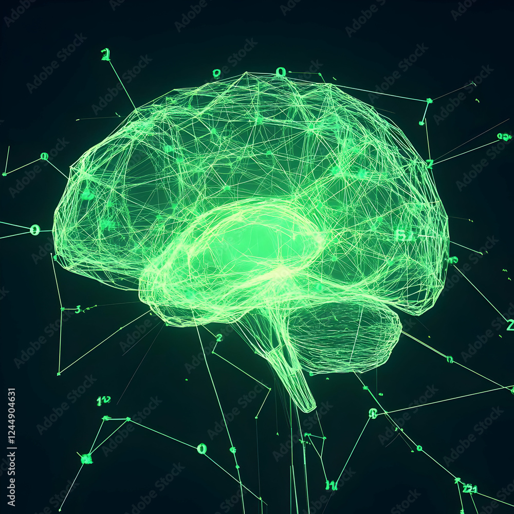 Poster 3d wireframe brain illustration with glowing green lines and numbers on a dark background