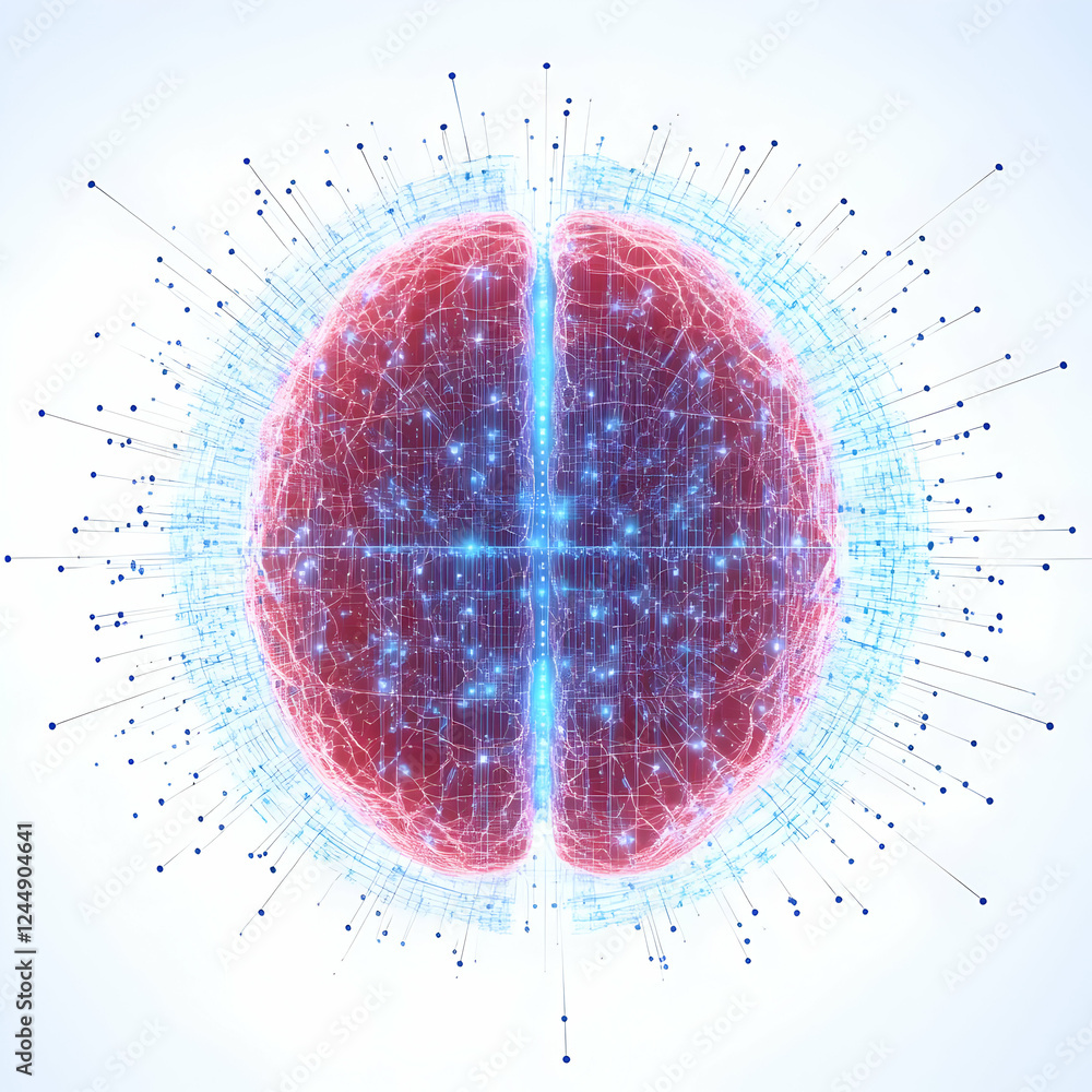 Poster abstract brain illustration shows neural network connections and data flow with blue and red hues.