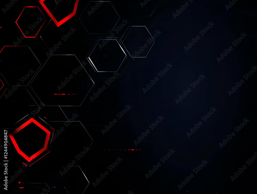 Poster abstract background with glowing red and black hexagons creates a futuristic and technological desig