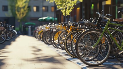 Photorealistic image of a crowded bicycle parking area filled with various types of bicycles, promoting eco-friendly transportation

