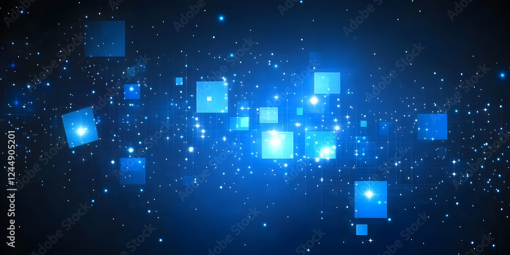 Poster abstract blue technology background with glowing squares and sparkling particles creates futuristic 